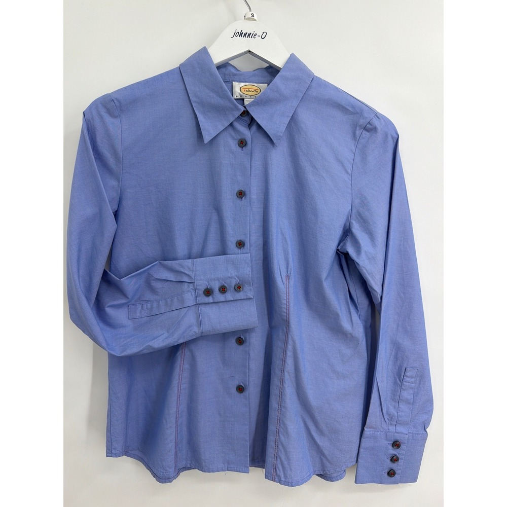 Talbots Petites Blue Cotton Button Down Shirt Long Sleeve Red‎ Stitching Size 8P